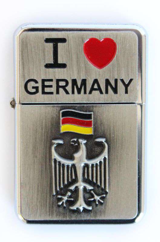 Metall Feuerzeug "I love Germany", silber, mit Adler und Flagge