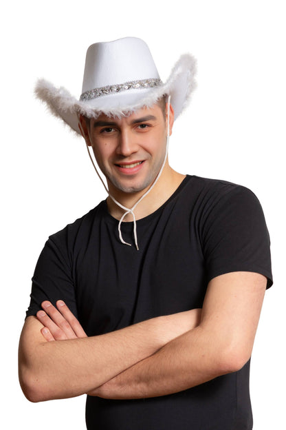 Chapeau de cowboy avec paillettes et bordure en fourrure