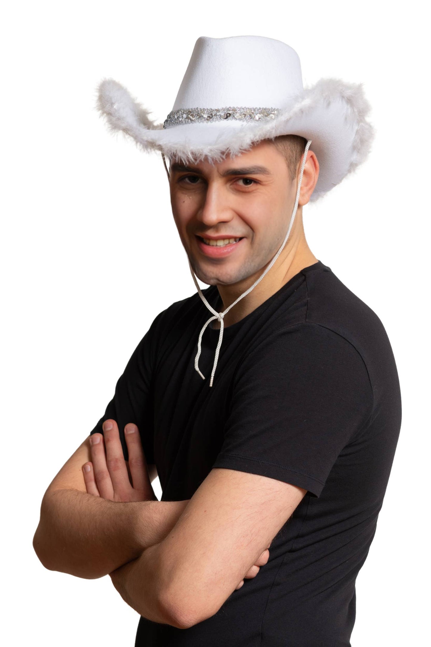 Chapeau de cowboy avec paillettes et bordure en fourrure