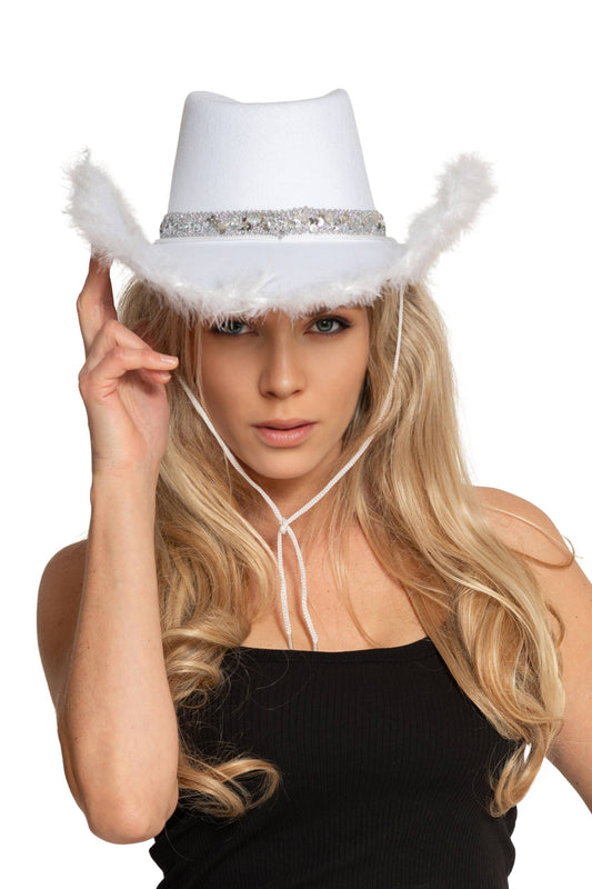 Chapeau de cowboy avec paillettes et bordure en fourrure