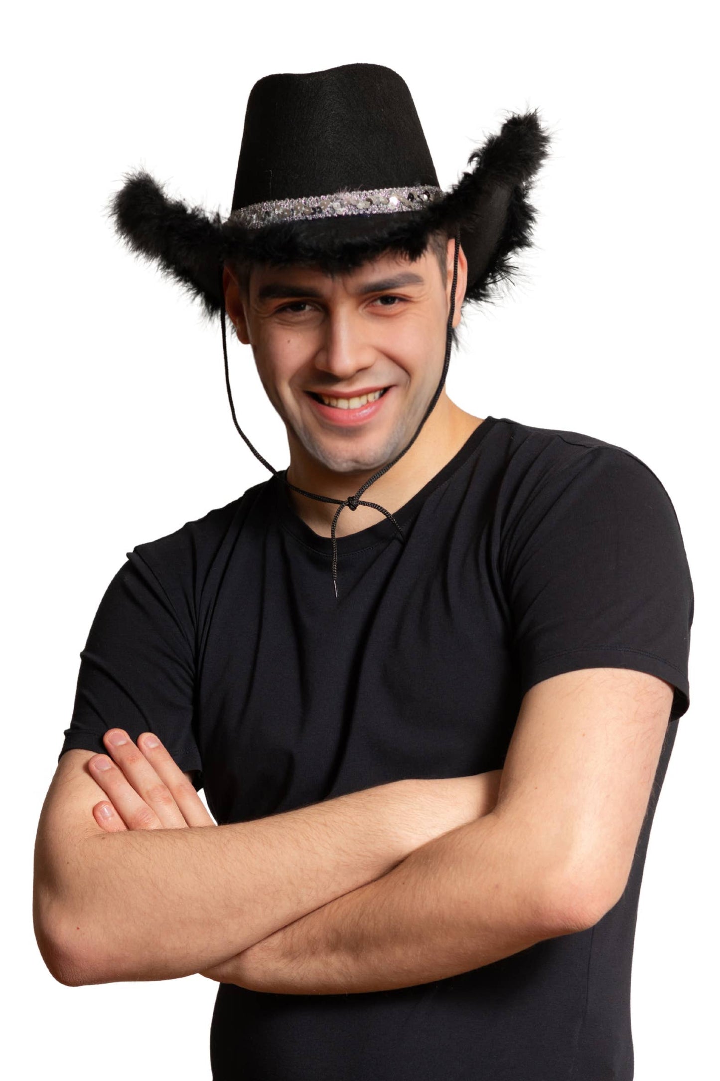Chapeau de cowboy avec paillettes et bordure en fourrure