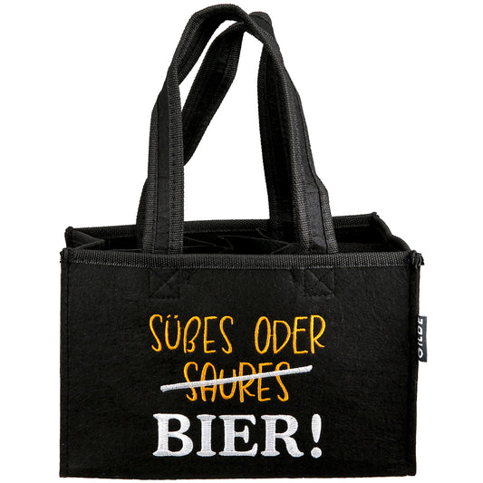 Flaschenträger aus Filz für 6 Flaschen, bestickt mit der lustigen Aufschrift "Süßes oder Bier!"