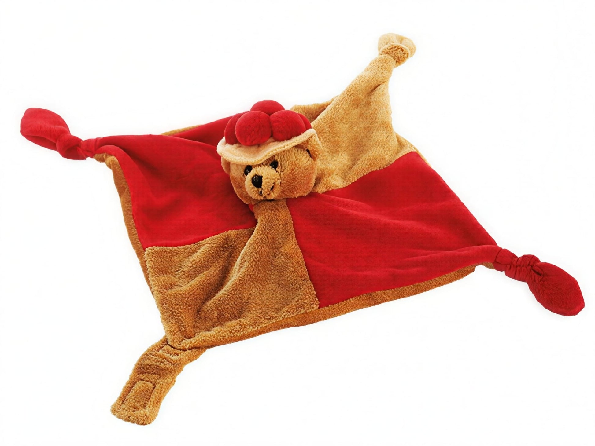 Quadratisches Kuscheltuch mit Bär und Bollenhut in den Farben braun und rot. Zusätzlich an einer Ecke mit Klettverschluss zur Befestigung eines Schnullers