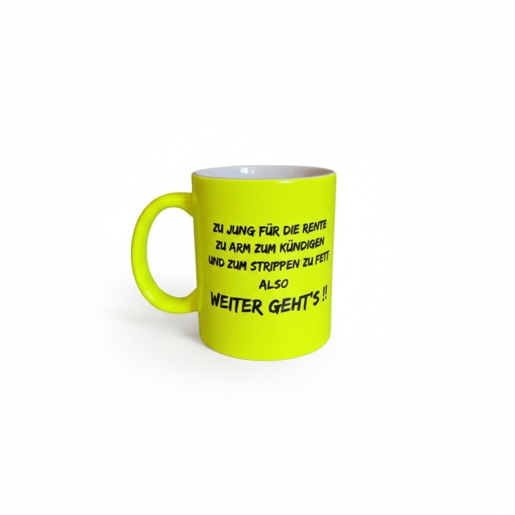 Tasse en céramique jaune fluo « Trop grosse pour faire du strip-tease »
