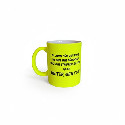 Tasse en céramique jaune fluo « Trop grosse pour faire du strip-tease »