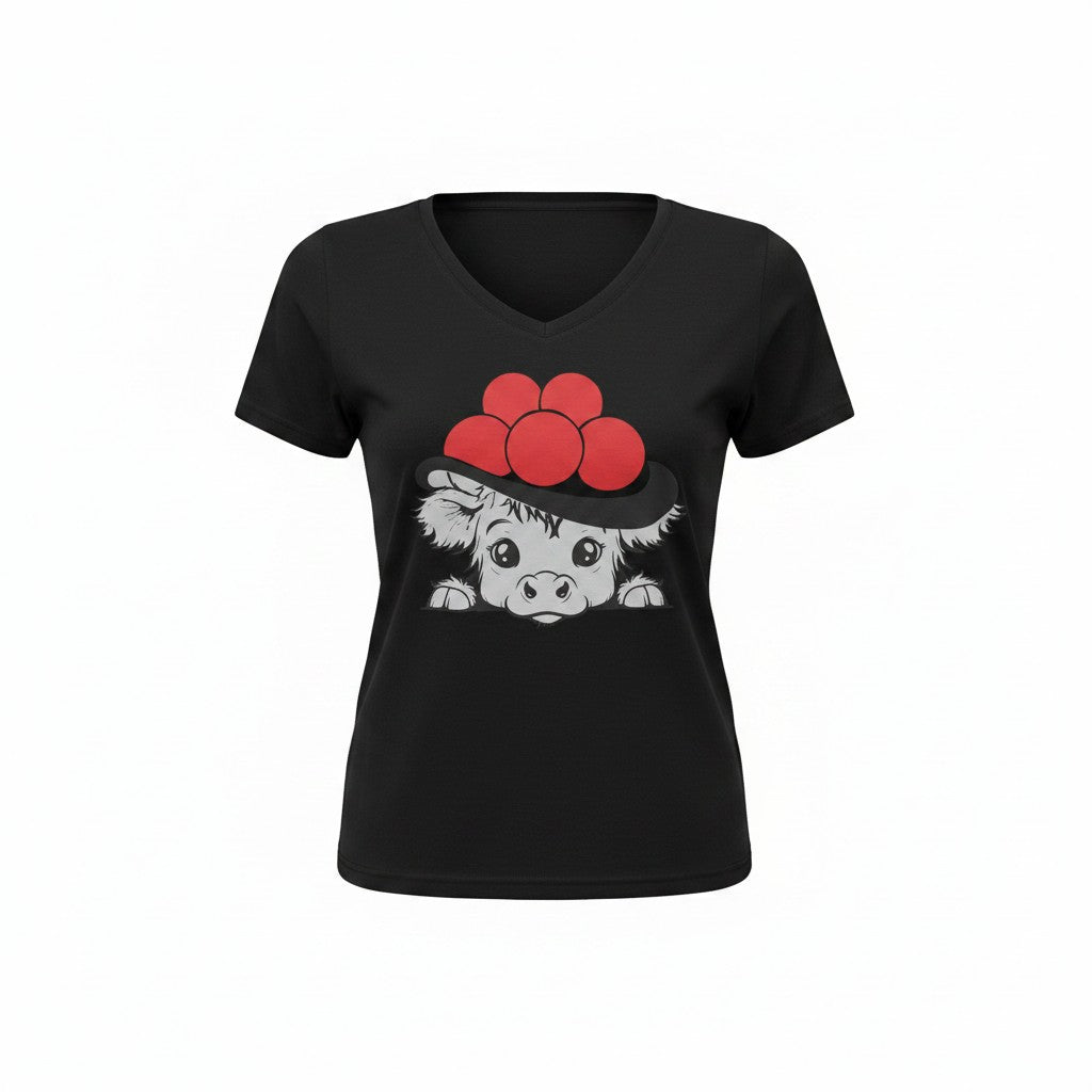 T-Shirt in schwarz mit einem Aufdruck einer kleinen Kuh die einen typischen Bollenhut mit roten Bollen aus dem Schwarzwald trägt