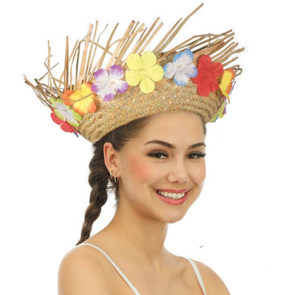 Chapeau de paille hawaïen pour adulte – Beige à fleurs
