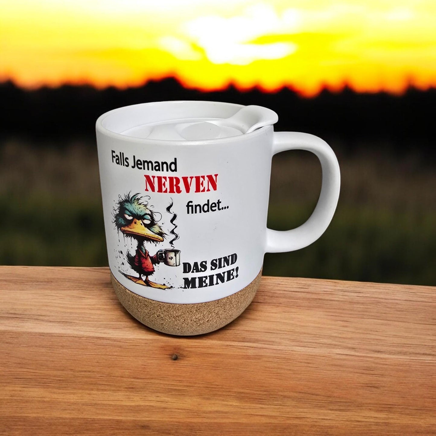Funny mug "If someone finds nerves", with removable lid and cork base