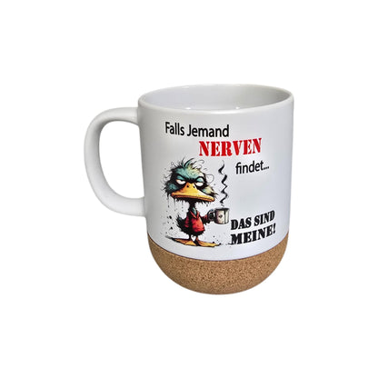 Funny mug "If someone finds nerves", with removable lid and cork base