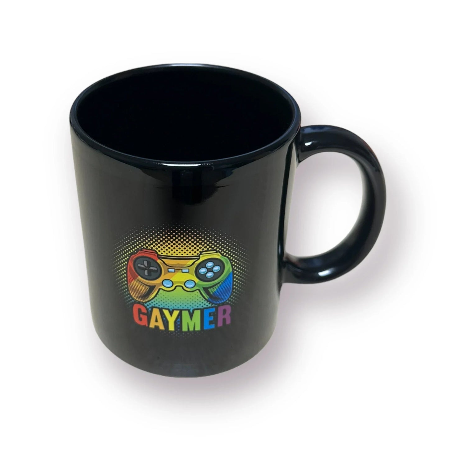 Schwarze Keramiktasse "Gaymer" in Regenbogenfarben, Gay, Gamer